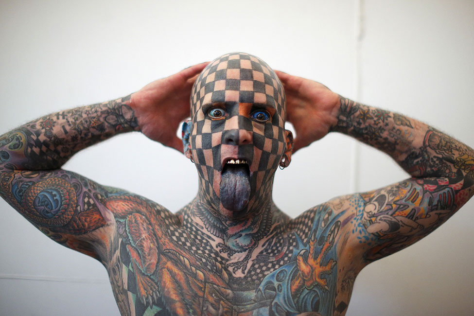 Matt Gone, the 'Checkered Man' poses during the Venezuela Expo Tattoo in Caracas