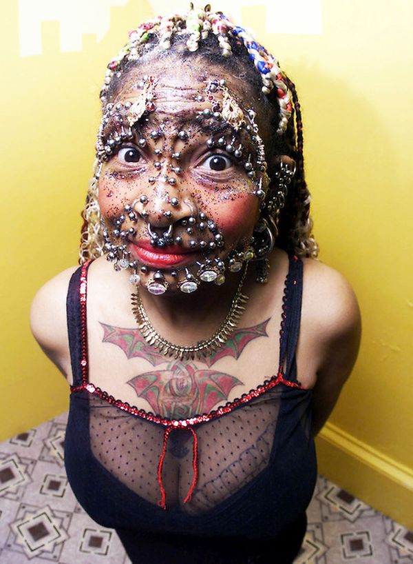 Elaine Davidson, most pierced woman in the world, in these pictures taken in May, 2000.